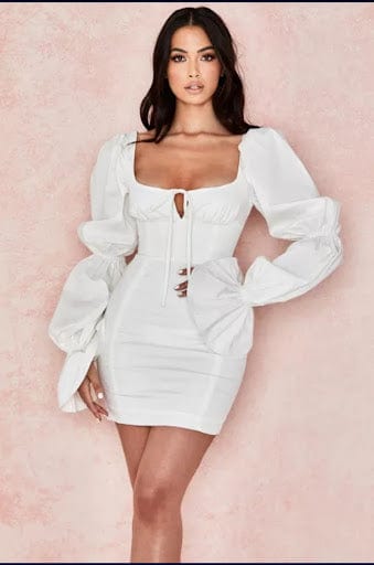 White Tie Front Mini Dresses Puff Sleeve