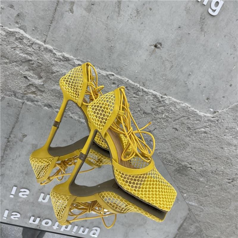 Yellow Mesh Pumps Sandals Female Square Toe high heel Lace Up